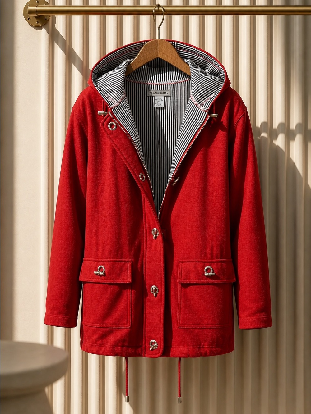 Jennifer Moore Red Hooded Raincoat with Striped Lining